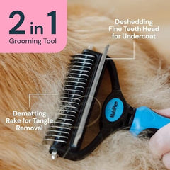 2 in 1 Deshedding Tool and Undercoat Rake for Long and Short Haired Dogs with Double Coat