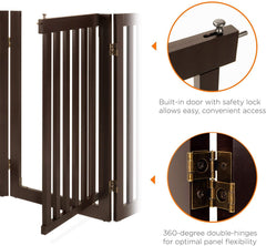 3-Panel Freestanding Wooden Pet Gate w/Walk Through Door