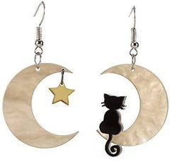 Black Cat on the Moon Dangle Earrings
