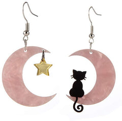 Black Cat on the Moon Dangle Earrings