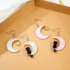 Black Cat on the Moon Dangle Earrings