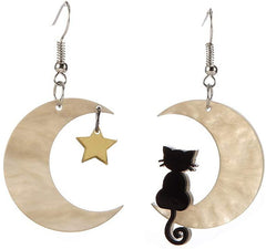 Black Cat on the Moon Dangle Earrings