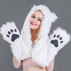 Fuzzy Fluffy Animal Design Mittens Gloves Plush Beanie