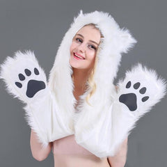 Fuzzy Fluffy Animal Design Mittens Gloves Plush Beanie