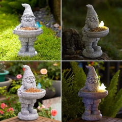 Solar Gnome Statues for Garden Bird Bath