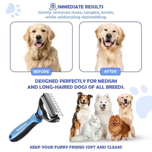 Dematting Comb with Extra Wide Double-Sided Stainless Steel Teeth for Detangling