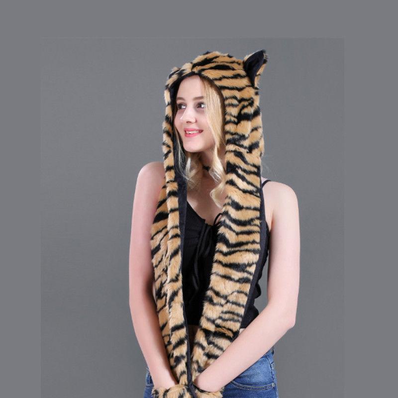 Fuzzy Fluffy Animal Design Mittens Gloves Plush Beanie