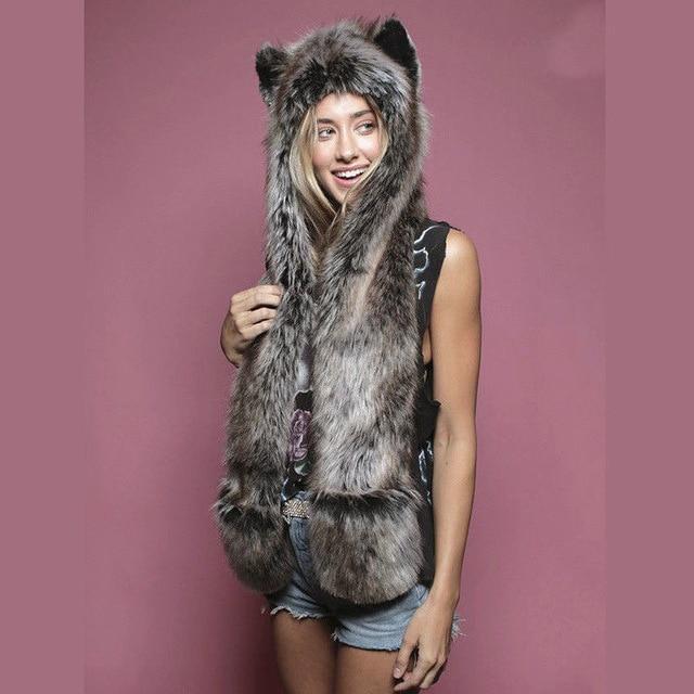 Fuzzy Fluffy Animal Design Mittens Gloves Plush Beanie