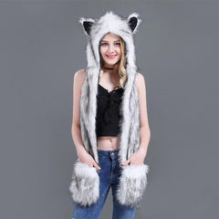 Fuzzy Fluffy Animal Design Mittens Gloves Plush Beanie
